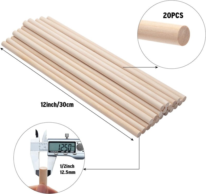 Coowayze 20 PCS Wooden Dowel Rods Wood Macrame Dowels 1/2x 12 inch, Round Wooden Sticks for Crafts, Unfinished Hardwood Sticks for Arts and DIYers, Crafting, Tiered Cake Support and Wedding Ribbon Wands - Image 2